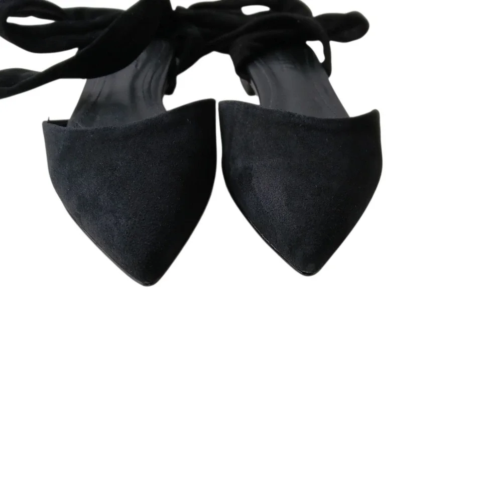 NIB Schutz Barbrah Black Suede Pointed Toe Ankle Tie Wrap D'Orsay Flats Size 6.5